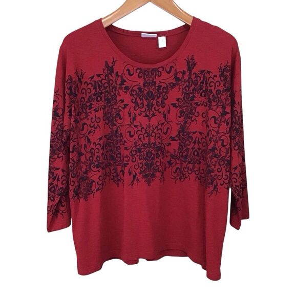 Weekends by Chico’s‎ Red Black Damask 3/4 Sleeve Top 3 (XL) - Picture 1 of 8